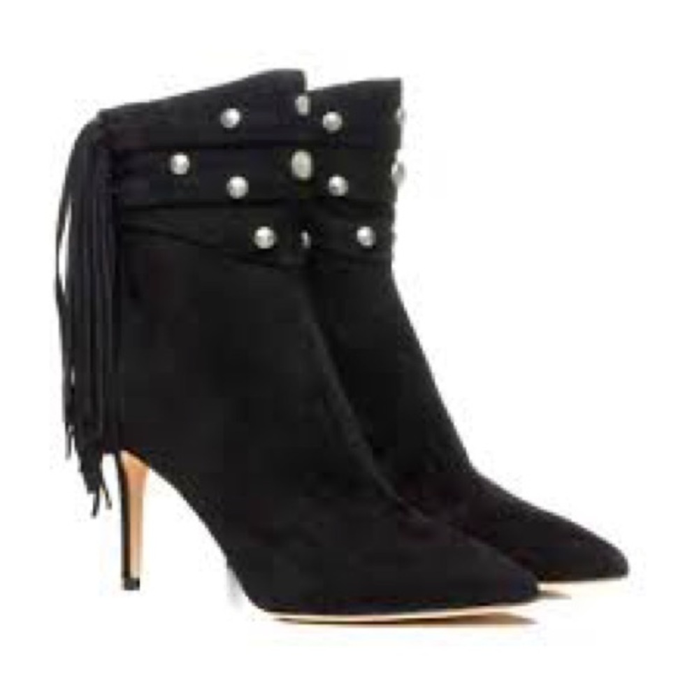 Paige Leah fringe studded bootie heels black suede women’s 7.5 western modern